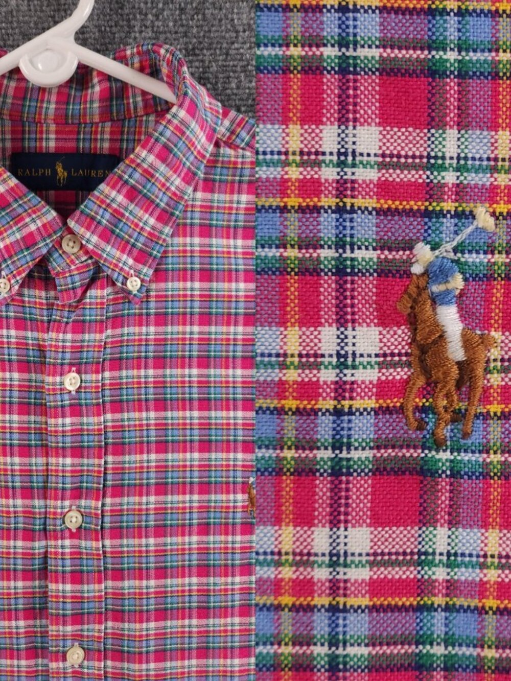 Ralph Lauren OCBD Oxford Plaid Pink Long Sleeve Large Men Cotton Flesh Pony Logo